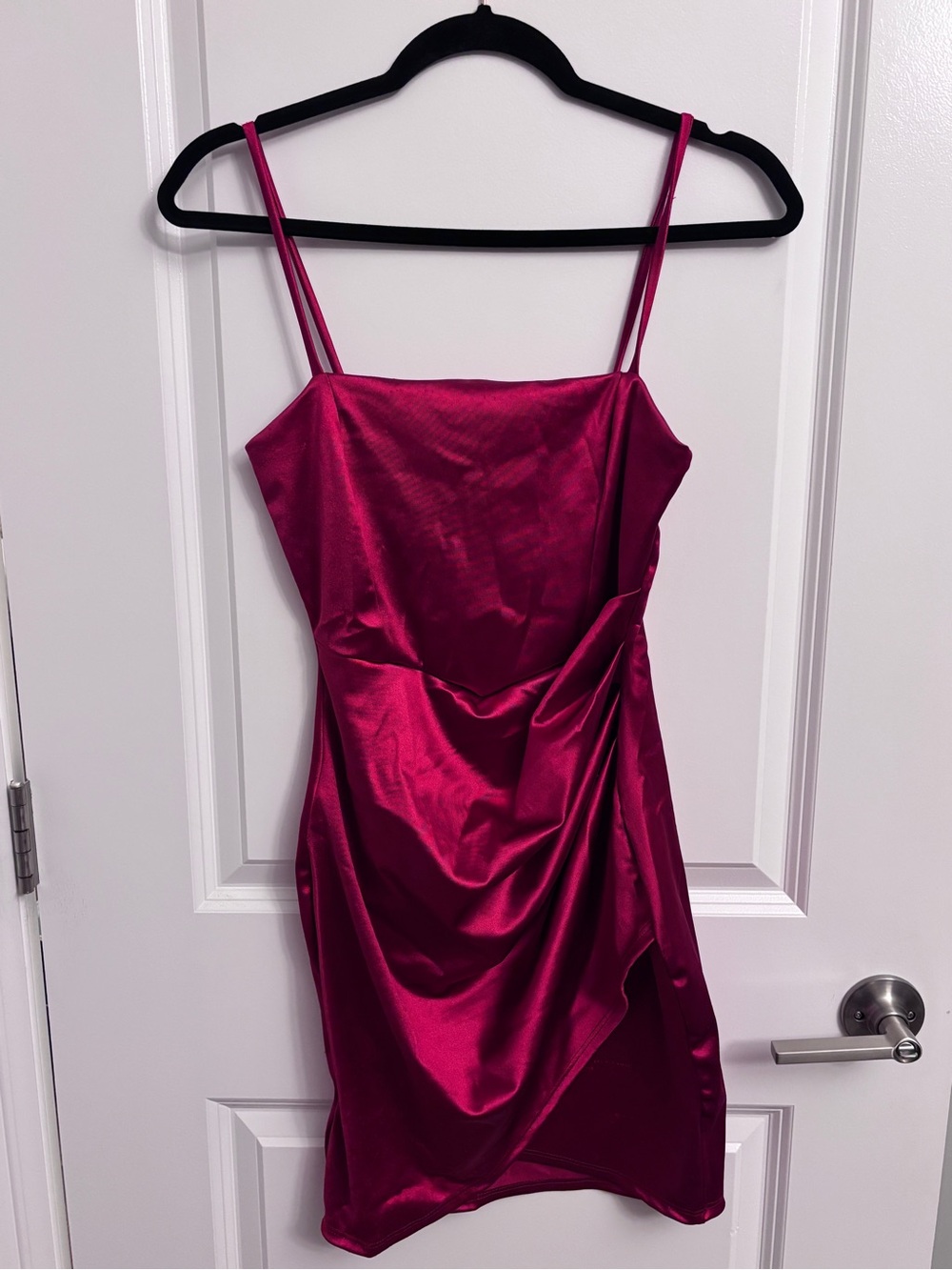 Burgundy Satin Spaghetti-Strap Dress